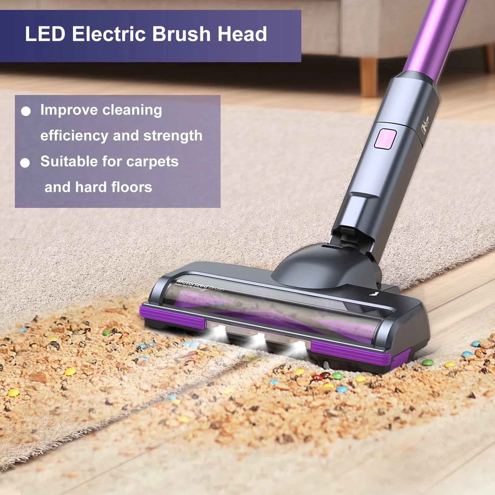 A high-efficiency vacuum cleaner designed for deep cleaning carpets and hard floors, featuring a HEPA filter and multiple suction settings