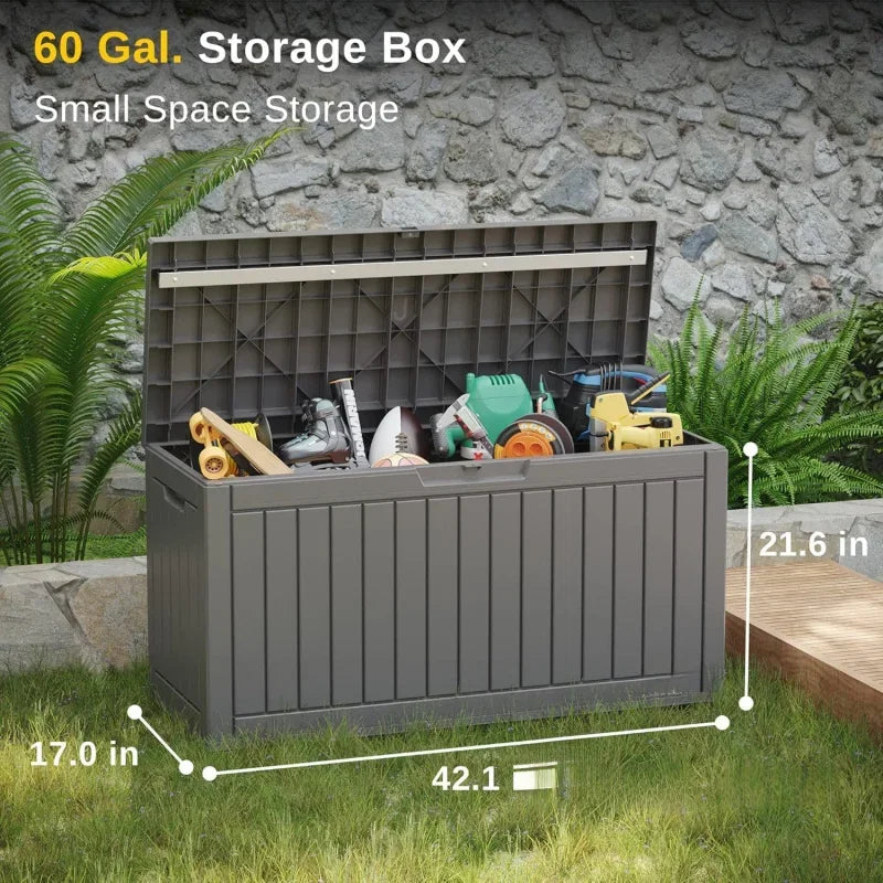 A durable, waterproof outdoor storage container designed to protect garden tools, cushions, or pool accessories from the elements. Constructed from weather-resistant materials, it features a lockable lid to ensure security and is suitable for placement on patios, decks, or in gardens