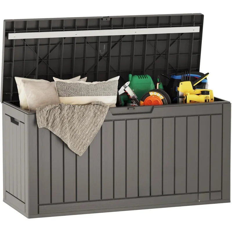 A durable, waterproof outdoor storage container designed to protect garden tools, cushions, or pool accessories from the elements. Constructed from weather-resistant materials, it features a lockable lid to ensure security and is suitable for placement on patios, decks, or in gardens