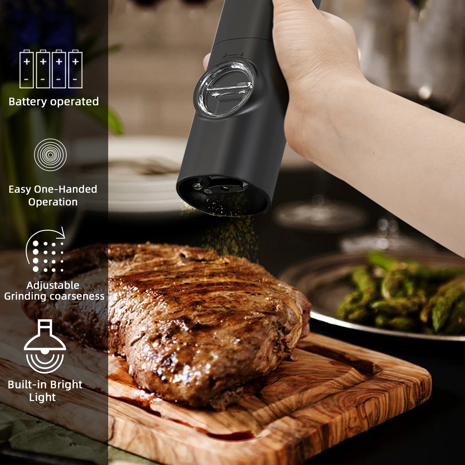 Electric Automatic Pepper and Salt Grinder Set with Base, Battery-Powered, LED Light, and Adjustable Coarseness - Kitchen Essential