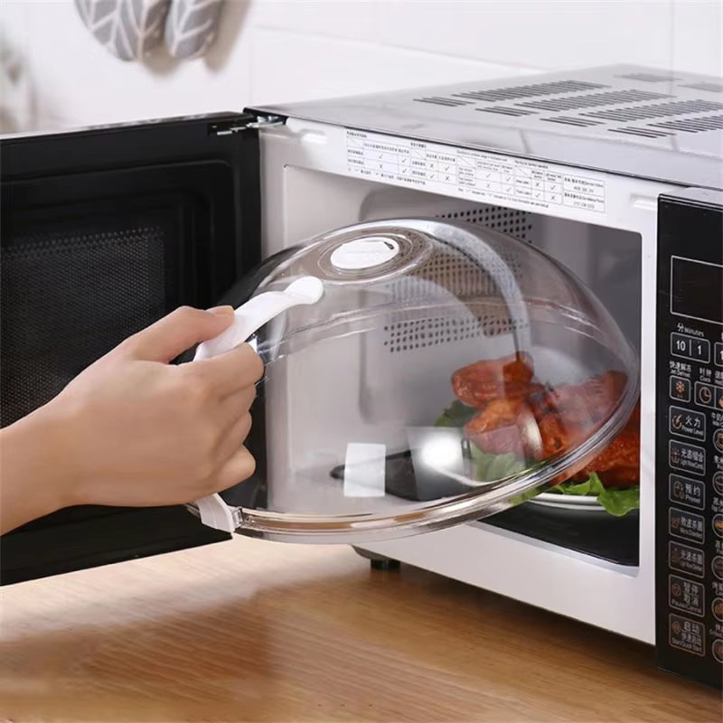 Microwave Food Splash Guard with Handle - Transparent Oven Heating Cover for Plates and Cooking Utensils