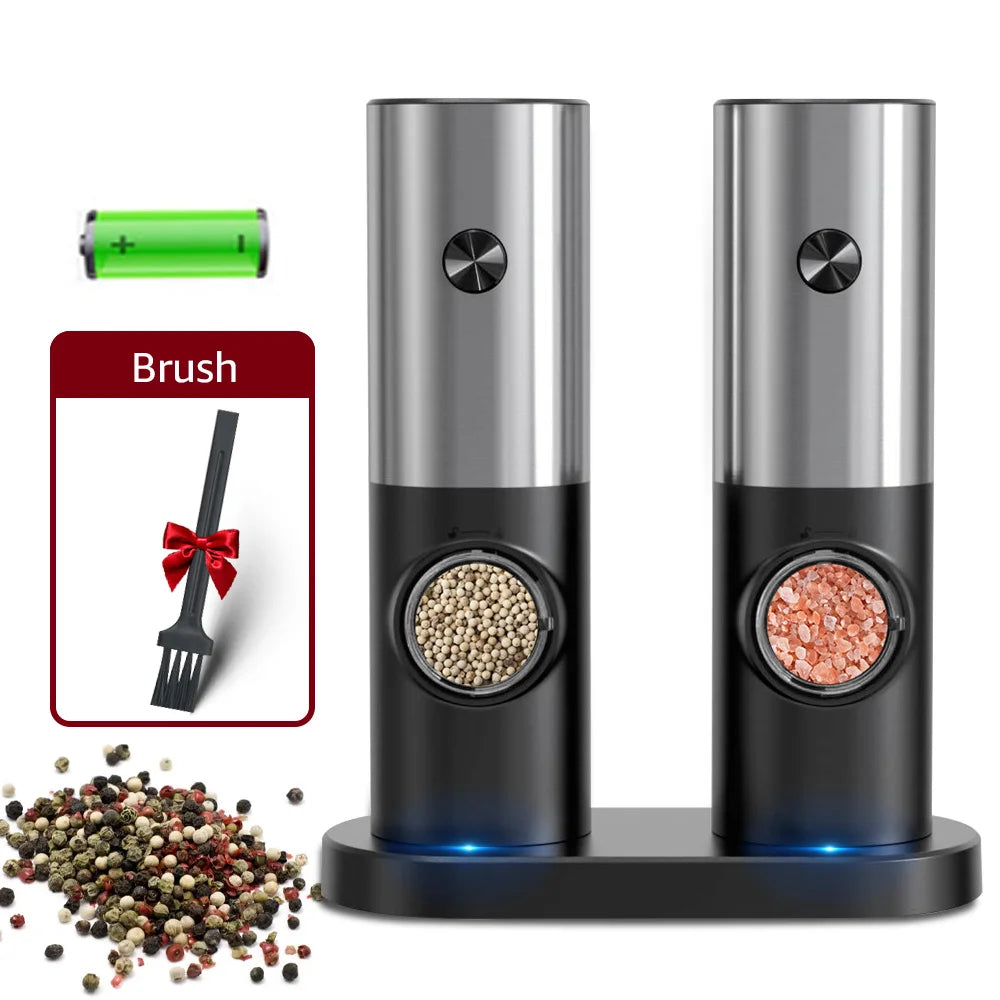 Electric Automatic Pepper and Salt Grinder Set with Base, Battery-Powered, LED Light, and Adjustable Coarseness - Kitchen Essential