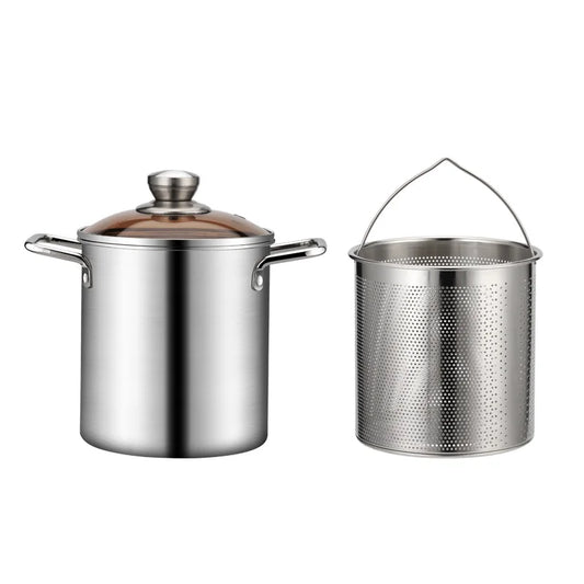 3L Stainless Steel Deep Fryer Pot with Mesh Steamer Basket, Lid, and Tongs - Japanese Tempura Fryer JT230