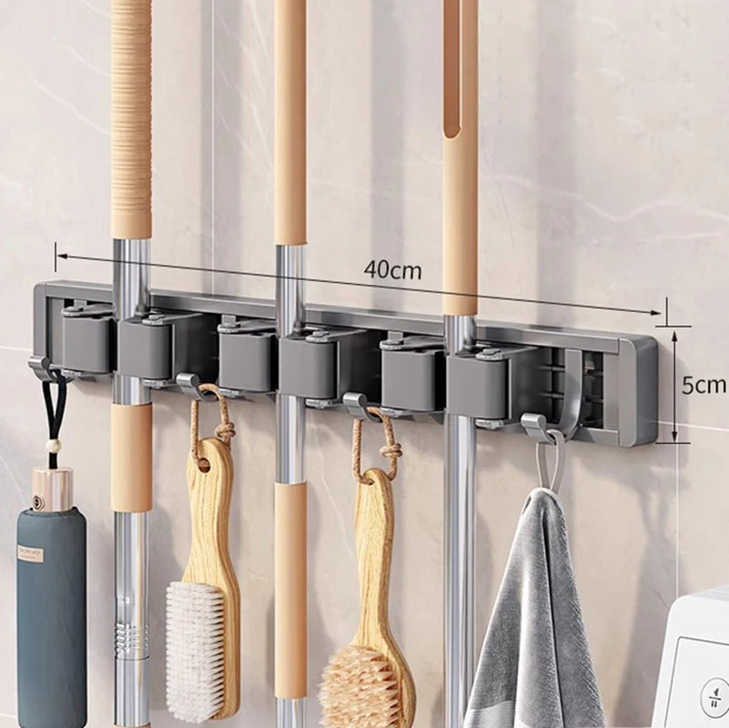 Wall-Mounted Mop and Broom Organizer with 5 Hooks - Sturdy Mop Holder Rack for Efficient Storage