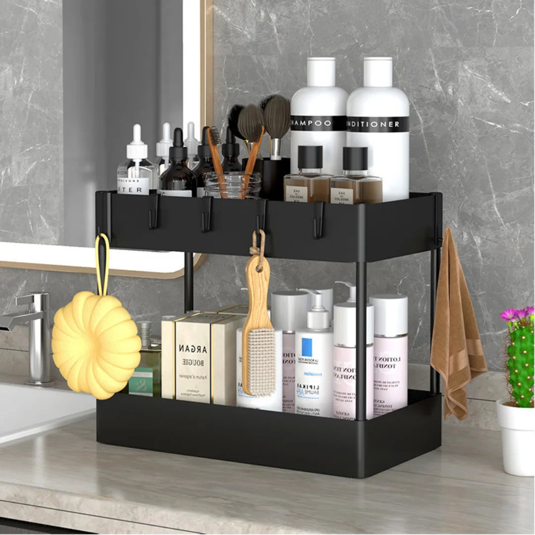 "2-Tier Under-Sink Sliding Cabinet Organizer with Hooks - Versatile Storage Rack for Bathroom and Kitchen"