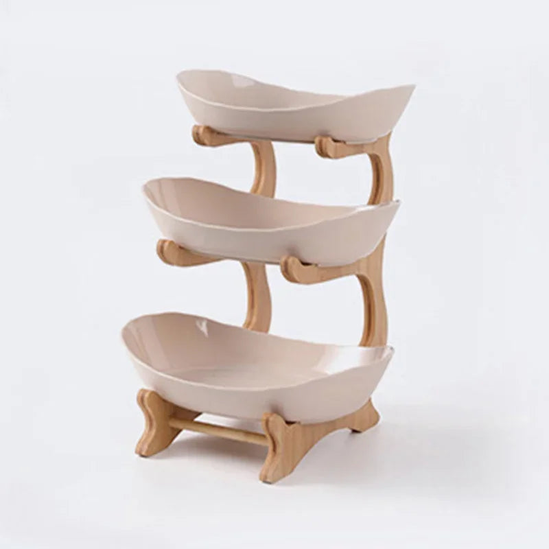 Three-Tier Wooden Serving Tray with Partitioned Sections for Fruits, Snacks, and Desserts