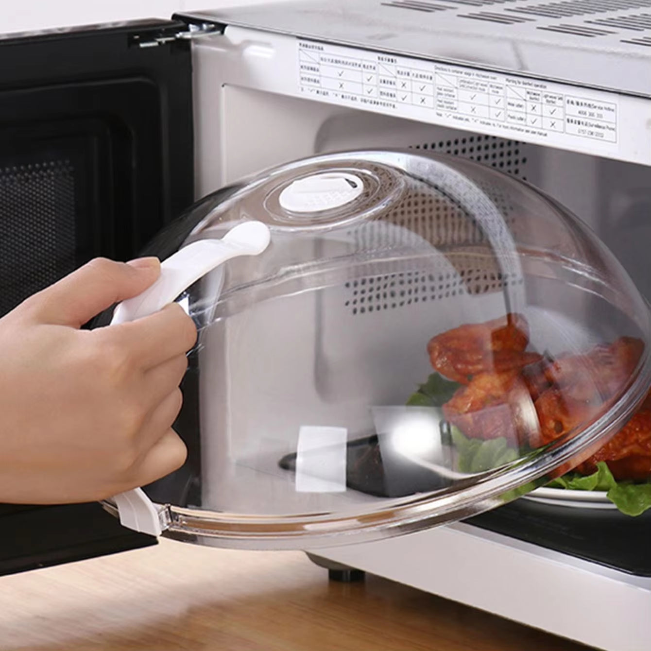 Microwave Food Splash Guard with Handle - Transparent Oven Heating Cover for Plates and Cooking Utensils