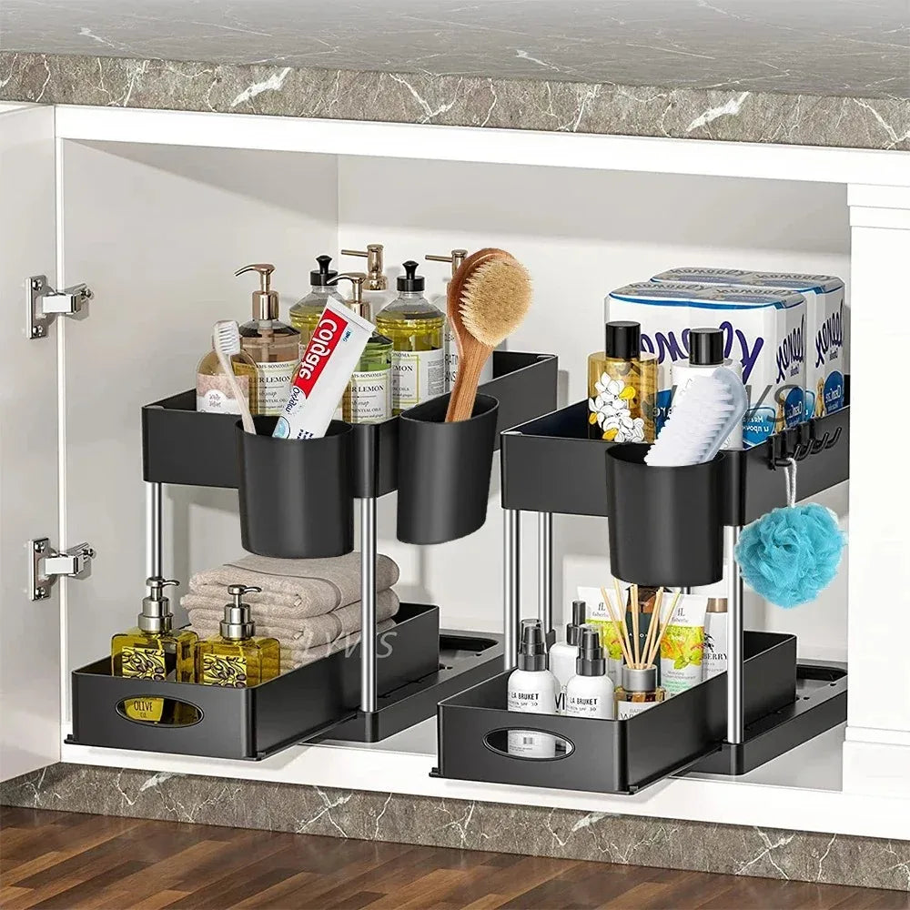 "2-Tier Under-Sink Sliding Cabinet Organizer with Hooks - Versatile Storage Rack for Bathroom and Kitchen"