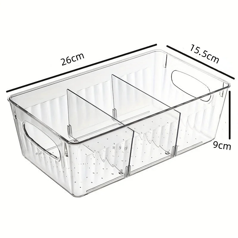 Clear Plastic Refrigerator Organizer Bin with Divider for Food Storage - Versatile Fridge, Freezer, and Pantry Organizer